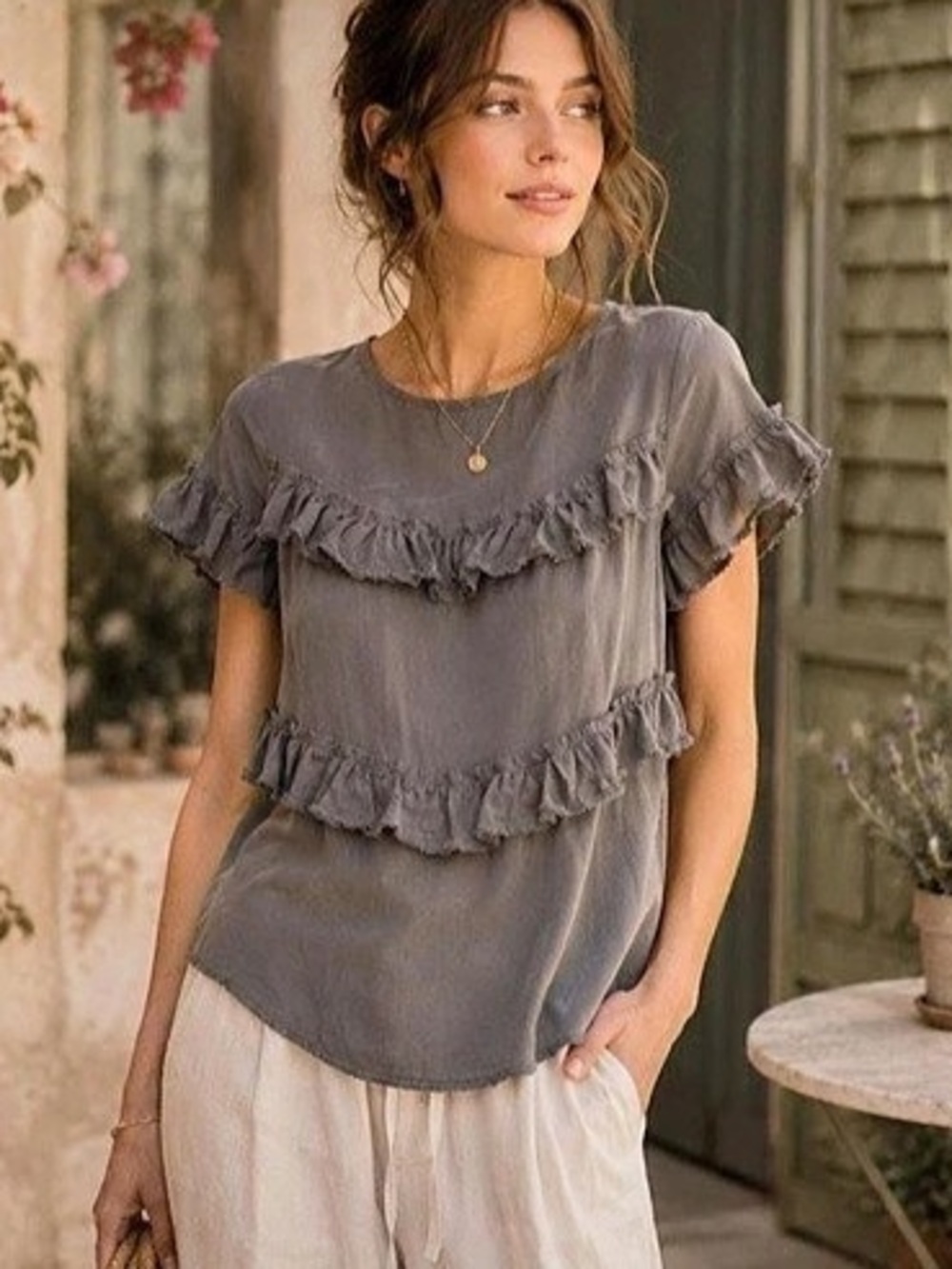 HD in Paris Ruffle Blouse in Gray